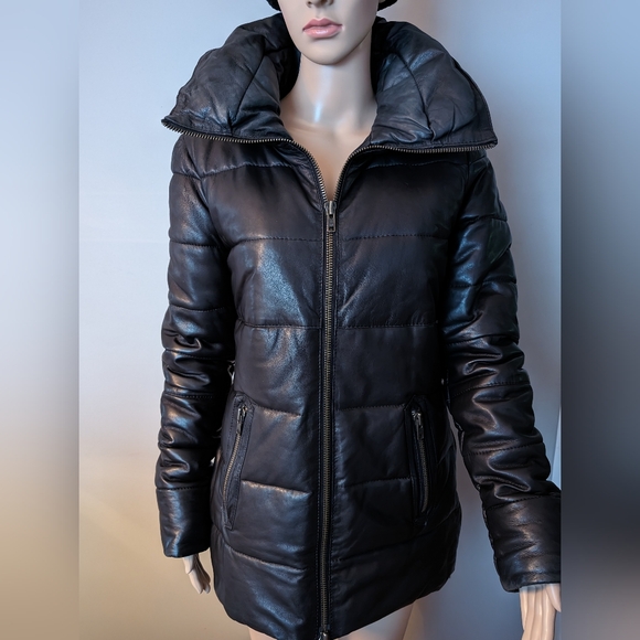 GESTUZ Genuine LEATHER Puffer Jacket. Black. Size EU36 (Medium) Unisex - Picture 1 of 9